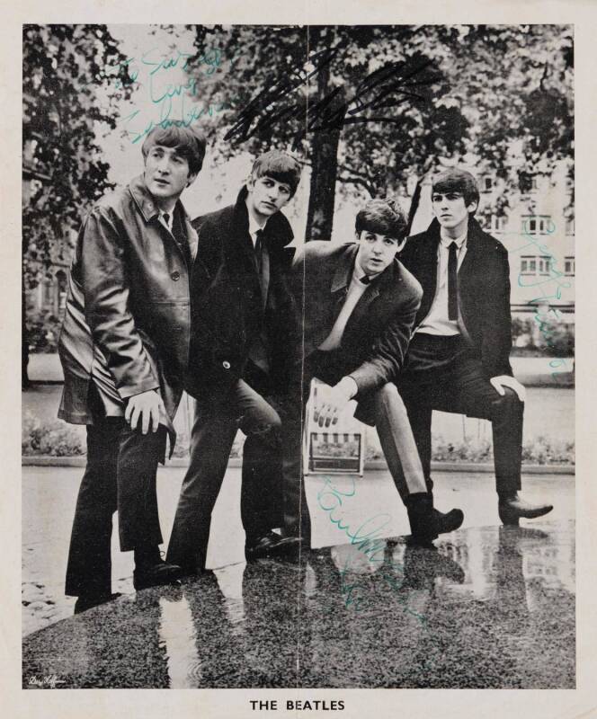 THE BEATLES: Printed picture "The Beatles" signed in two different coloured pens by John Lennon, Ringo Starr, Paul McCartney & George Harrison. The John Lennon signature has been endorsed to the recipient, "To Susette, Love, John Lennon". {Susette Belle w