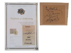 THE BEATLES: Autograph page with signatures of Paul McCartney, George Harrison, John Lennon & Ringo Starr. With CoA from Scientific Document Services.