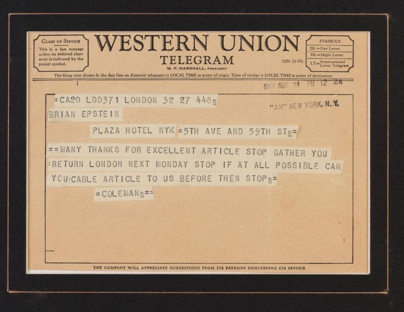 THE BEATLES: Western Union Telegram from Brian Epstein to Ray Coleman dated 27 Aug.1964, "Many thanks for excellent article. Gather you return London next Monday. If at all possible can you cable aticle to us before then."