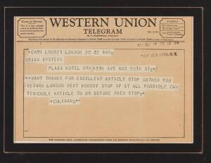 THE BEATLES: Western Union Telegram from Brian Epstein to Ray Coleman dated 27 Aug.1964, "Many thanks for excellent article. Gather you return London next Monday. If at all possible can you cable aticle to us before then."