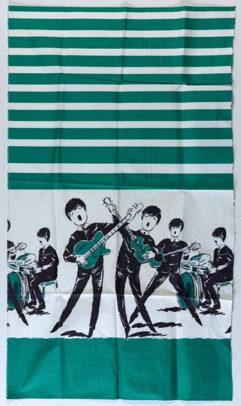 THE BEATLES: Group with plastic wig made in Australia (1964); Hofner Beatles Guitar String in original packet; Beatles cushion; piece of Beatles material. (4 items).