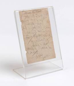 MARC BOLAN, handwritten poem/lyrics in Bolan's idiosyncratic style of handwriting, it reads: "Dream. Girls with Flame hair/ round black tose/ in wetty-sweet/ Shell in confused vision/ burning burning/ Firey flowers tracing/ heart beating/ black & blue/ bl