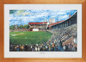 DON BRADMAN/PRO HART: Print "Adelaide Oval - A Century of Cricket" by Pro Hart, numbered 190/300 and signed by Don Bradman (twice) and the artist in lower margin, window mounted, framed & glazed, overall 87x63cm.