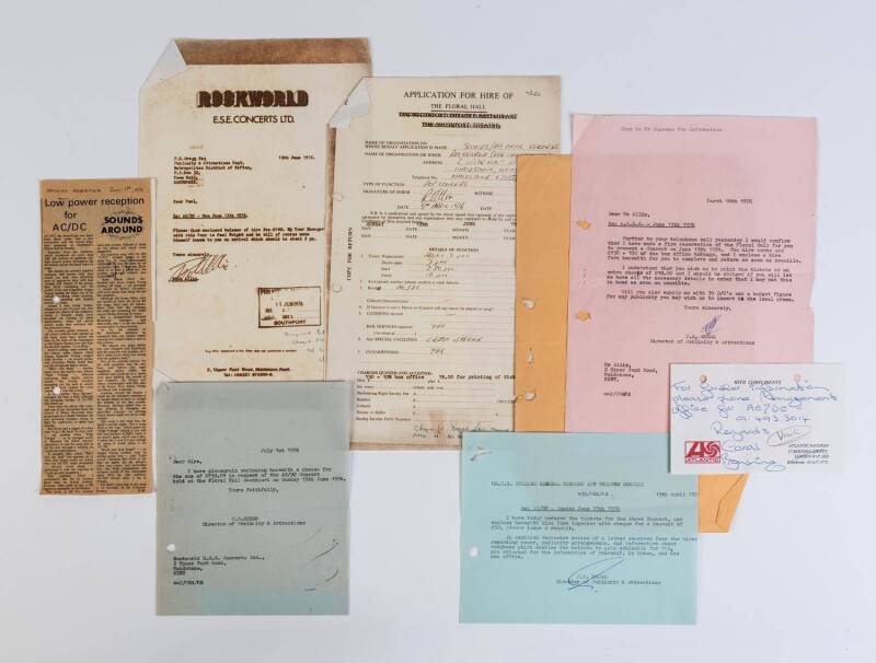 AC/DC: 1976 documents (10) & press clipping re their first concert in England, with documents re the hire of Floral Hall in Southport and the printing of 1400 tickets. (This was AC'DC's 3rd overseas concert - the first two Glasgow & Edinburgh). Great AC/D