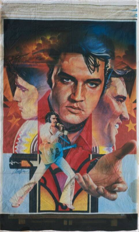 ELVIS PRESLEY: Colourful wall hanging on linen, by artist Brian Clinton, size 180x290cm, from a "TV Week" Elvis competition c1978.