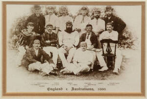 CRICKET FRAMED DISPLAYS: Don Bradman display compring two signed "The Bradman Collection" cards (signatures with some fading); photograph of 1948 Invincibles; reprinted 'Vanity Fair' print of 'Australian Cricket' (G.J.Bonnor); modern postcard "England v A