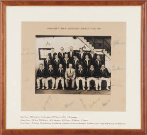 1953 AUSTRALIAN TEAM, official team photograph, with title "Coronation Tour Australian Cricket Team 1953" printed on mount, signed to mount by entire team, 18 signatures (a few faded), noted Alan Davidson, Jack Hill, Jim de Courcy, G.Davies (manager), Art