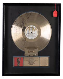 JANET JACKSON: Gold Record for "Control" (1986), with plaque "Presented to, Janet Jackson, To Commemorate the Sale of more than 500,000 copies of the A&M Records album and cassette "Control", with RIAA logo, framed & glazed, signed on perspex "Love, Janet