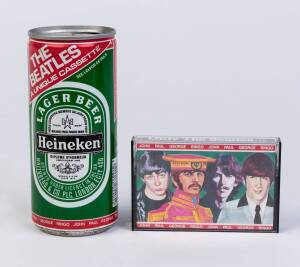 THE BEATLES: "Only The Beatles..." cassette and Heineken beer can. {"Only The Beatles..." is an unauthorised Beatles compilation released in 1986 in an audiocassette format, as a joint promotional campaign by Heinekin Beer and EMI; consumers could obtain 