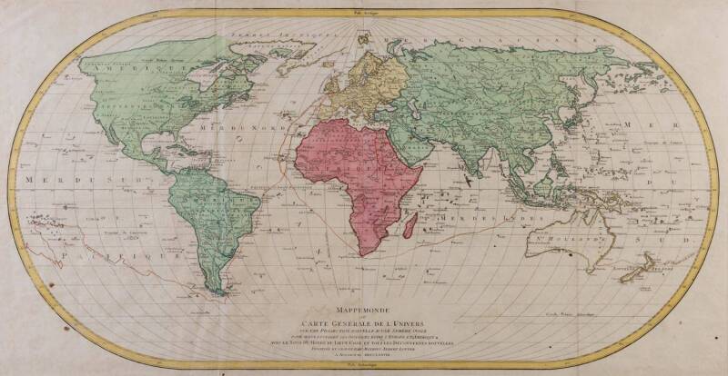 WORLD: "Mappemonde ou Carte Generale de L'Univers...", with track of Cook's voyage, by Mathieu Albert Lotter [Augsburg, 1778], hand-coloured, window mounted, framed & glazed, overall 110x64cm.