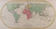 WORLD: "Mappemonde ou Carte Generale de L'Univers...", with track of Cook's voyage, by Mathieu Albert Lotter [Augsburg, 1778], hand-coloured, window mounted, framed & glazed, overall 110x64cm.