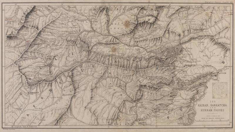 ASIA: Map, "The Kaibar, Karkatcha and Kurram Passes" [Geographical Magazine, November 1878], framed & glazed, overall 53x30cm.