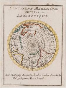 AUSTRALIA: Map, "Continent Meridional Austral ou Antarctique", by Allain Manesson-Mallet [Paris, c1683], hand-coloured, window mounted, framed & glazed, overall 26x31cm. {Map of the South Pole, with imaginary Terra Australis and an early idea of New Zeala