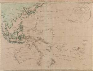 AUSTRALIA: Map, "Generale Charte von Australien... von I.C.M.Reinecke, Weimar 1801", with manuscript track of explorer's voyages through Pacific to Japan & China 1803-06, window mounted, framed & glazed, overall 85x73cm.