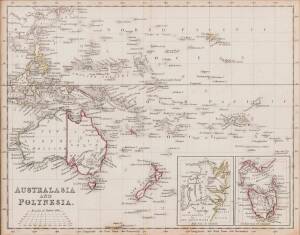 AUSTRALIA: Map, "Australasia and Polynesia", with two insets including "Settlements in New South Wales", hand-coloured outlines, window mounted, framed & glazed, overall 40x35cm.