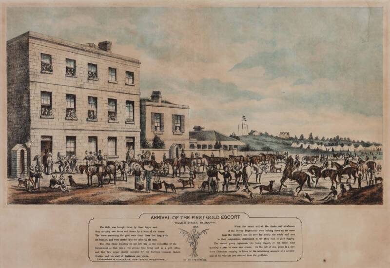 AUSTRALIA: "Arrival of the First Gold Escort, William Street, Melbourne 1852", original lithograph, published by Atkinson & Atkinson [Melbourne, 1853], window mounted, framed & glazed, overall 62x47cm.