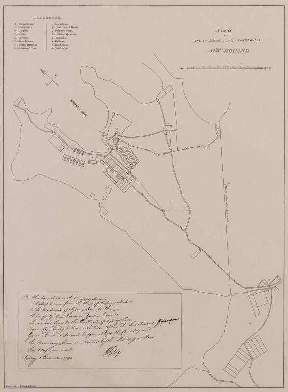 AUSTRALIA: "A Survey of The Settlement in New South Wales, New Holland", by Lt.William Dawes, engraved by A.Dulon & L.Poates [Sydney, c1886], window mounted, framed & glazed, overall 45x55cm.