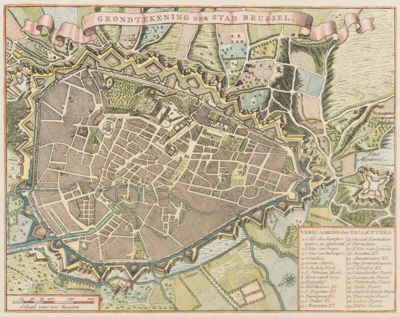 EUROPE: Map "Grondtekening der Stad Brussel" by Tirion [Amsterdam, 1738], groundplan of the Belgian city of Bruxelles/Brussells with its fortifications, hand-coloured, window mounted, framed & glazed, overall 41x37cm.