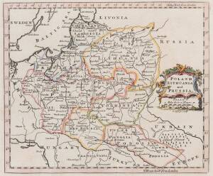 EUROPE: Map, "Poland, Lithuania and Prussia" by Thomas Jefferys [London, c1754], hand-coloured outlines, window mounted, framed & glazed, overall 39x35cm.