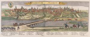 EUROPE: Hand-tinted engraving, "Madritum, Madrit", after Christoph Haffner, window mounted, framed & glazed, overall 92x49cm.