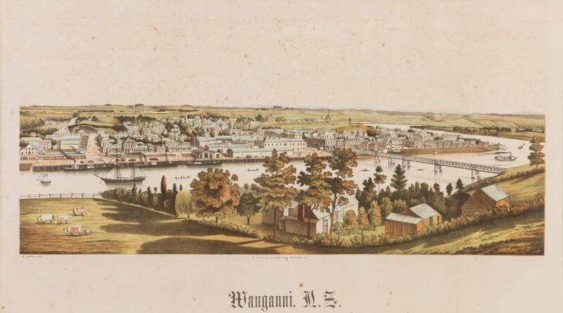 NEW ZEALAND: Lithograph, "Wanganui N.Z.", by A.D. Willis, Lithographer [Wanganui, 1889], window mounted, framed & glazed, overall 64x48cm.