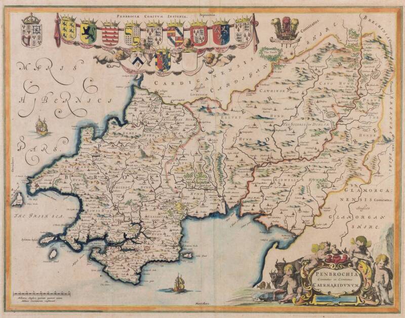 UNITED KINGDOM: Map, "Penbrochia, Comitatus et Comitatus, Caermaridunum" by Johannes Blaeu [Amsterdam, 1648], hand-coloured, window mounted, framed & glazed, overall 74x61cm.