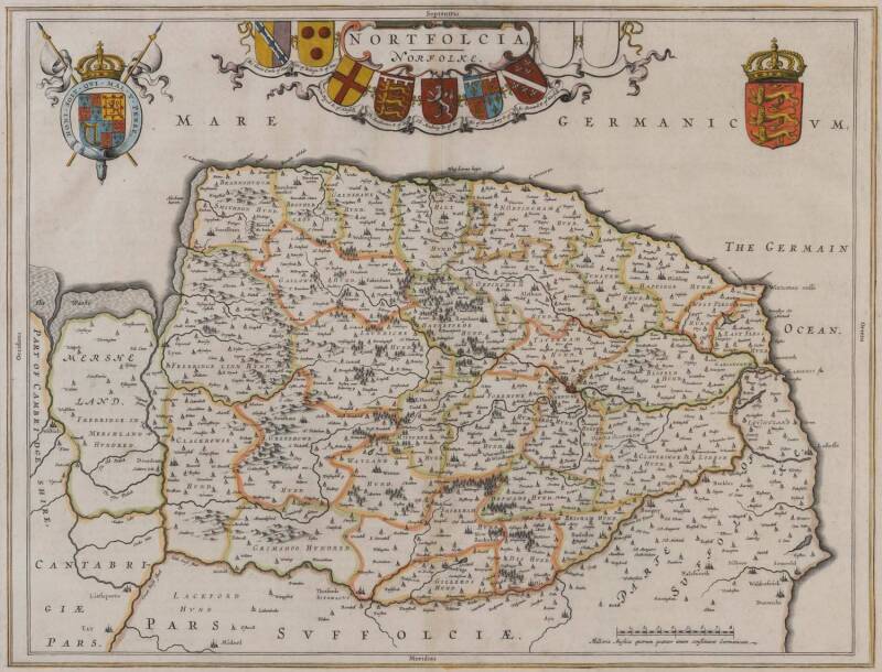 UNITED KINGDOM: Map, "Nortfolcia, Norfolke" by Johannes Blaeu [Amsterdam, c1662], hand-coloured, window mounted, framed & glazed, overall 70x58cm.