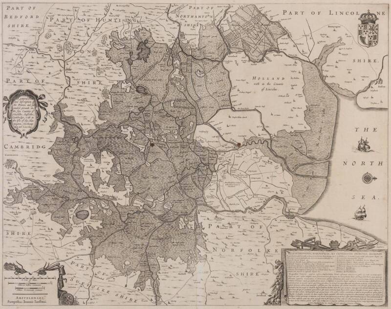 UNITED KINGDOM: Map, "A general Plott and description of the Fennes and Surrounded grounds in the sixe Counties of Norfolke, Suffolke, Cambridge, with in the Isle of Ely, Huntington, Northampton and Lincolne, etc", by Janssonius [Amsterdam, c1700], window