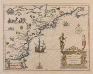 USA: Map, "Nova Anglia, Novum Belgium et Virginia. Anno 1630", interesting fake that contains elements from various 17th Century maps as well as designs invented by the forger, window mounted, framed & glazed, overall 68x58cm.