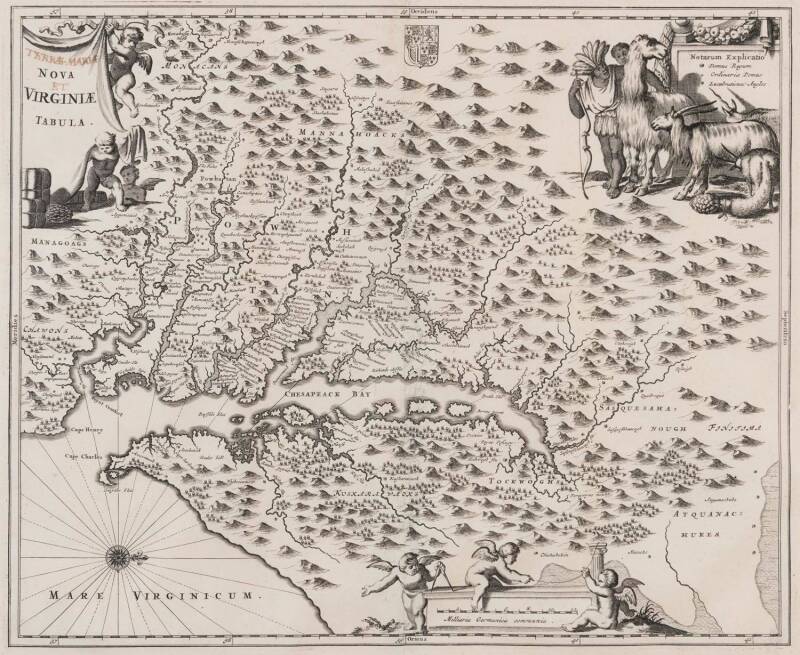 USA: Map, "Nova Virginiae Tabula", by John Ogilby [London, 1671], with  nice decorative embellishments, and title amended in old ink, window mounted, framed & glazed, overall 56x49cm.