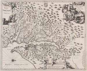 USA: Map, "Nova Virginiae Tabula", by John Ogilby [London, 1671], with&nbsp;&nbsp;nice decorative embellishments, and&nbsp;title amended in old ink, window mounted, framed & glazed, overall 56x49cm.