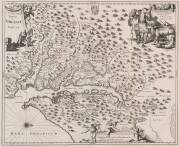 USA: Map, "Nova Virginiae Tabula", by John Ogilby [London, 1671], with&nbsp;&nbsp;nice decorative embellishments, and&nbsp;title amended in old ink, window mounted, framed & glazed, overall 56x49cm.