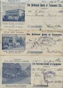 CHEQUES:Â TASMANIA, 1886-1918 Varied collection, most with Revenue Stamps or Impressed Duty or both with better items noted including 'The National Bank of Tasmania' pictorial advertising cheques for 'Tatlow's Royal Mail Coaches' and 'Tatlow's Royal Mail - 3