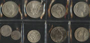 World silver coins in small box with Australia KGVI & QEII, 3d to Florin, Crown 1937 x6 and 1938, 1966 50c x8, Â Austria 1959 50Sch, France 1978 50f, Latvia 1931 5 Lati, USA Kennedy Half-Dollars, also some copper & bronze travellers change; and Hong Kong - 2