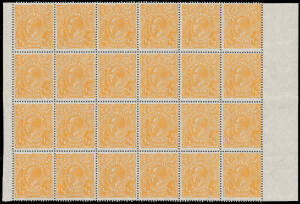 KGV Heads - Small Multiple Watermark Perf 14 - KGV SM Wmk perf 14: ½d orange Electro 8 marginal blocks of 24 (6x4) x2 - one with some tonespots - or 18 (6x3) with varieties BW #67(8)d i j p r & t, most units are unmounted, Cat $1320++. (3 blocks)