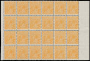 KGV Heads - Small Multiple Watermark Perf 14 - KGV SM Wmk perf 14: &frac12;d orange Electro 8 marginal blocks of 24 (6x4) x2 - one with some tonespots - or 18 (6x3) with varieties BW #67(8)d i j p r & t, most units are unmounted, Cat $1320++. (3 blocks)