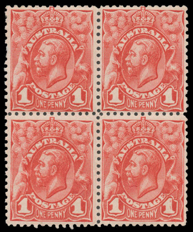 KGV Engraved: 1d red block of 4 all with Doubling Caused by a Kiss Print BW #59ca, obvious on the left-hand units & especially on the third unit, plated as Plate 4 Rows 3 & 4 Pos 1-2, lightly mounted, Cat $2000+ (based on two units with obvious doubling o