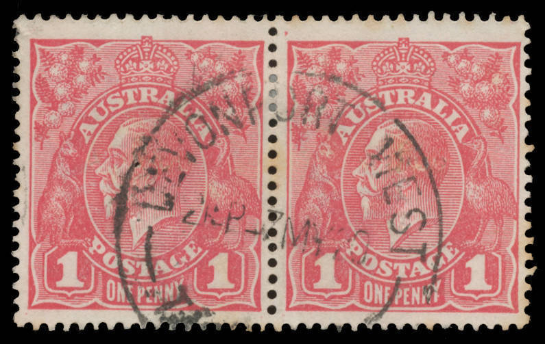 KGV Single Wmk perf 'T': Comb Perf 1d red pair with Thin 'G' of 'POSTAGE' & Pregnant 'Y' BW #70(2)L & m, minor blemishes, 'DEVONPORT WEST/7MY20/TASMANIA' cds clear of both varieties, Cat $180++.