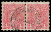 KGV Single Wmk perf 'T': Comb Perf 1d red pair with Thin 'G' of 'POSTAGE' & Pregnant 'Y' BW #70(2)L & m, minor blemishes, 'DEVONPORT WEST/7MY20/TASMANIA' cds clear of both varieties, Cat $180++.