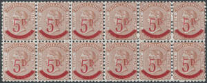Sth Aust: 1891-93 Surcharges Perf 10 '2½d.' on 4d green & '5D.' on 6d brown SG 229 & 230 blocks of 12 (6x2), full unmounted o.g., Cat £320++ (mounted). (2 blocks)