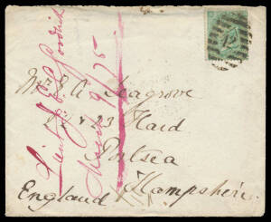 Postal History - Malaya: 1875 (Jan) flapless cover to Hampshire with GB 1/- green tied by '42'-in-diamond-&-bars cancel of the London Foreign Branch, docketed on the face "Lieut JEC Goodrich", minor blemishes. Lieut Goodrich was serving on the battleship 
