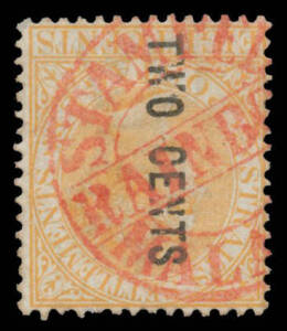 Postal History - Malaya - SHIP-BOARD POSTMARKS: Very fine 'STEAME[R]/RAINB[OW]/MALA[CCA]' in red on 'TWO CENTS' on 8c SG 57 [Stg 2 Posn ii], Cat Â£90++. Rare. One of the finest of approximately 20 examples recorded, all on 2c values & none on cover. [Con