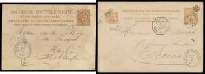 Postal History - Netherlands Indies: 1881 & 1891 different style 7½c Postal Cards to Holland or France each with 'N-I AGENT SINGAPORE' cds (apparently the ERD & LRD for this marking), the first also with very fine '89'-in-diamond-of-dots cancel used by th