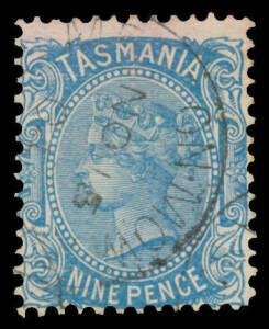 Tasmania: 1903 V/Crown 9d blue with the Watermark Sideways BW #T65aa (SG 242c), minor pink stain, Lauceston cds, under-catalogued at $75 (&pound;160). [A very fine example sold at the Prestige auction of 7.2.2009 for $368]