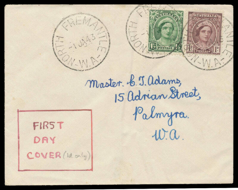 FDCs: 1943 Definitives QE 1d purple-brown alongside 1½d green tied to plain cover endorsed 'FIRST DAY COVER (1d only)' with 'NORTH FREMANTLE/-1JA43/WA' datestamps, light wrinkles not affecting stamps, Cat $400.