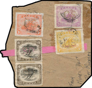 Papua: 1919 parcel piece endorsed "From/Mines Dept/Port Moresby" with rare Two Issue Franking of Lithographs 4d pair (one with Defective '4' at Left) plus Monocolours 1d 2d & 1/- all punctured 'OS' tied by Port Moresby cds of 19NO19, with a piece of the o