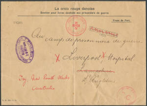 Postal History - WWI: LIVERPOOL: 1916 'La croix rouge danoise' (= Danish Red Cross) envelope (250x180mm) to "Liverpool Hospital/ Lancashire/L'angleterre" with British 19th century 'Insufficiently Addressed/466' h/s but crossed-out & redirected "Try New So