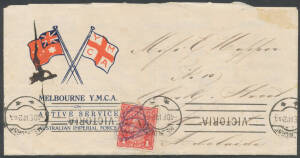 WWI: 1914 illustrated YMCA lettersheet with '[flags]/MELBOURNE YMCA/ON/ACTIVE SERVICE/...' on the face & 'YMCA Tents/The Social Service Centre of Camp/...' in blue on the reverse, the semi-literate letter headed "Broadmeadows Camp 9 light horse Reinforce