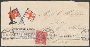 WWI: 1914 illustrated YMCA lettersheet with '[flags]/MELBOURNE YMCA/ON/ACTIVE SERVICE/...' on the face & 'YMCA Tents/The Social Service Centre of Camp/...' in blue on the reverse, the semi-literate letter headed "Broadmeadows Camp 9 light horse Reinforce