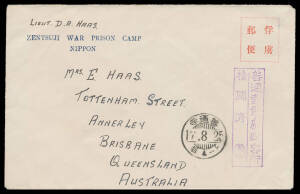 Postal History - WWII: 1942 (Aug 25) usage of Japanese POW Envelope with printed device in red at upper-right & 'ZENTSUJI WAR PRISON CAMP/NIPPON' in blue at upper-left, from an officer to his wife or mother in Brisbane, large censor h/s - incorporating Ho